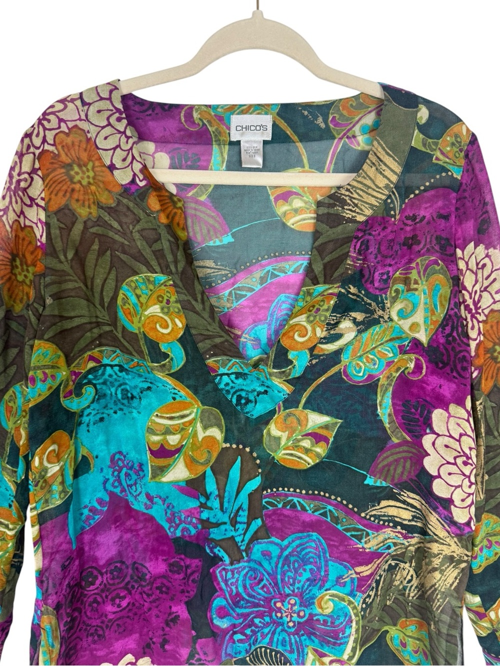 Chico’s 100% Silk Abstract Floral Tunic Top Semi Sheer Jewel Tone US 4 - Picture 4 of 15
